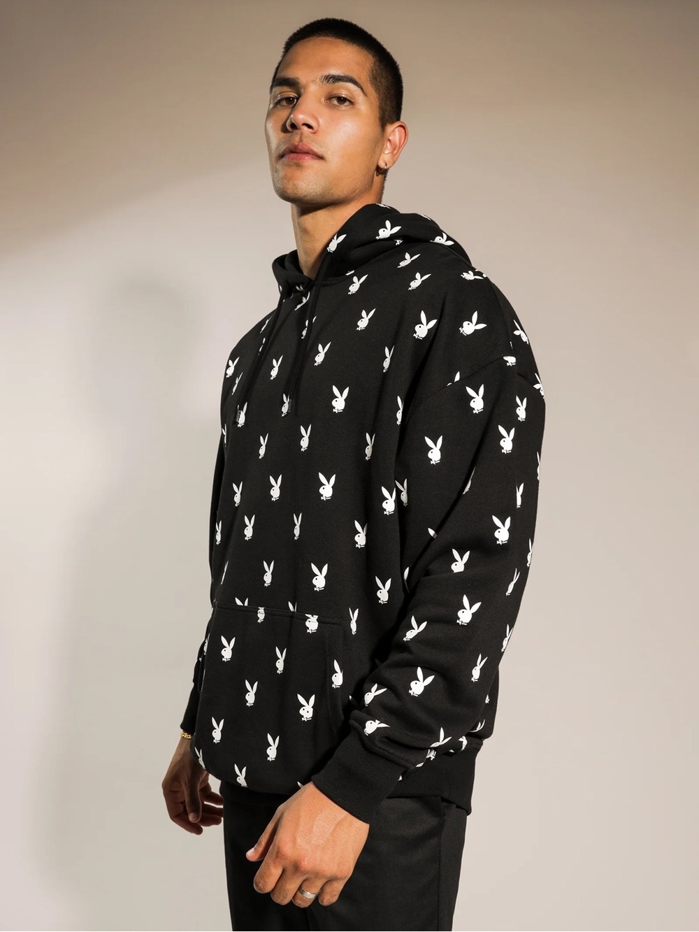 Playboy Men’s Black All Over Print Bunny Logo Pullover Hoodie Unisex Size S